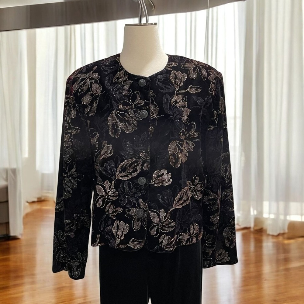 Vtg Norton McNaughton Purple Velvet Floral Blazer 16 Metallic Evening Retro Chic